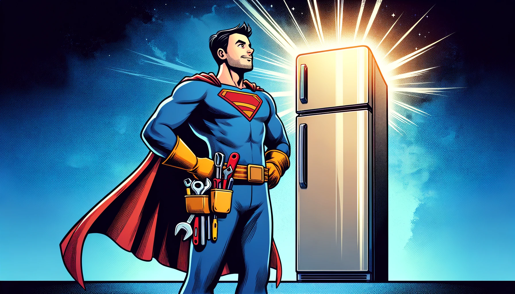 A father stands as a repair superhero, with a minimalist background featuring a glowing refrigerator.