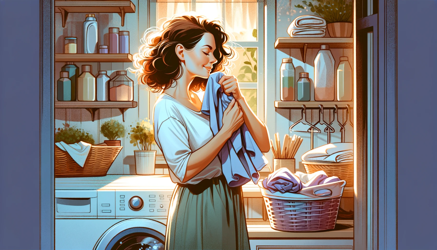 A-woman-with-medium-length-curly-hair-in-casual-home-attire-standing-in-a-laundry-room-holding-and-smelling-a-clean shirt