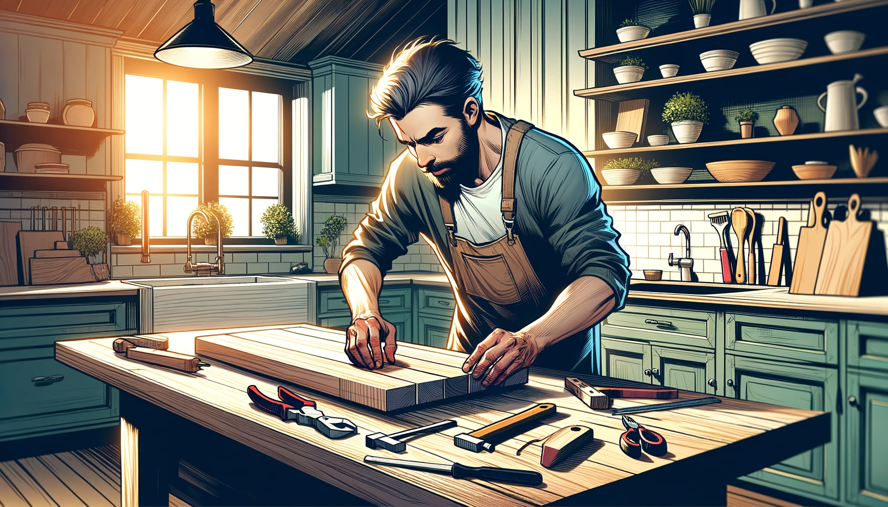 User
illustration of a man building a DIY kitchen island in a kitchen