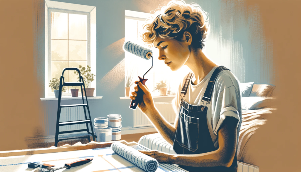 Medium: Illustration. Subject: A woman with short curly blonde hair, in the process of painting her bedroom with a rolling brush, dressed in overalls and a tank top. Emotion: Focused. Lighting: Soft, diffuse sunlight from an open window. Scene: Spacious bedroom, freshly painted walls, a ladder, and painting tools scattered. 