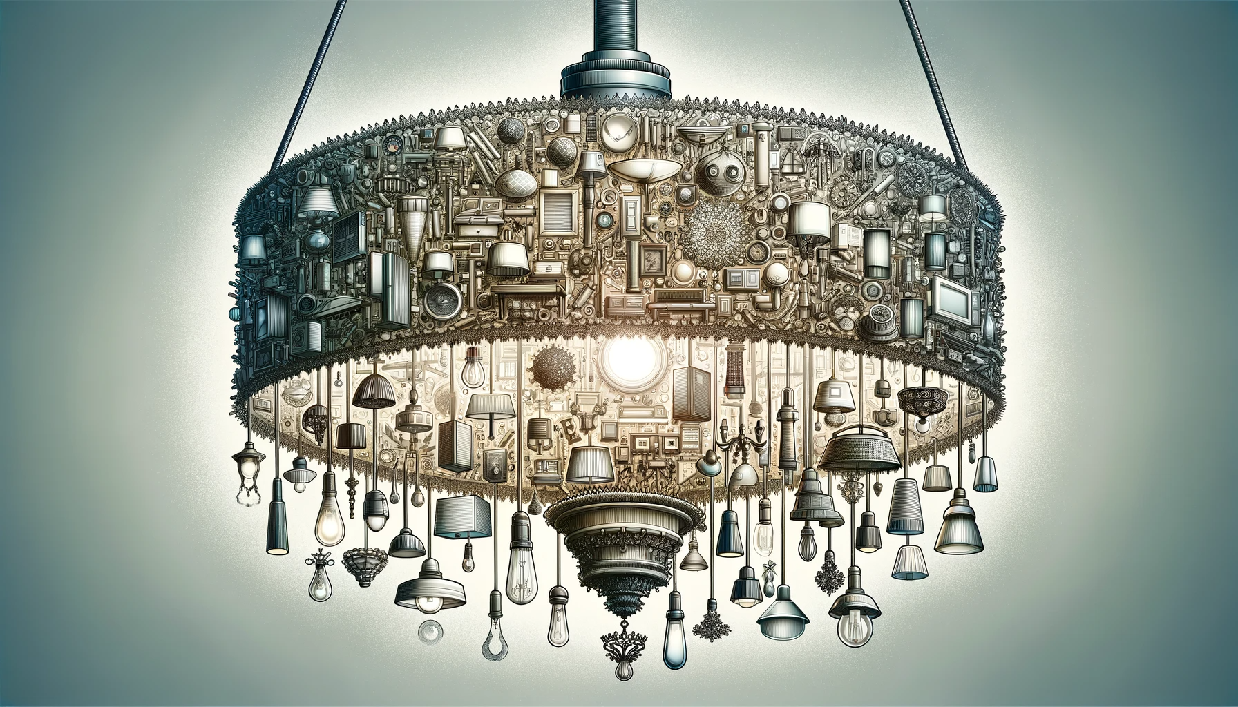 A close-up digital illustration of a pendant light, composed entirely of tiny illustrations of various home lighting fixtures, such as chandeliers, desk lamps, wall sconces, and floor lamps. The pendant light's structure is intricately designed, with each small lighting fixture detailed and distinct, contributing to the overall unique aesthetic of the pendant light. The background is a soft, muted grey to highlight the pendant light's complexity. The image is brightly lit, with a focus on the intricate details and the diversity of lighting designs encapsulated within the pendant light. Drawn with: high-resolution digital art, meticulous attention to detail, subtle shading techniques, and a realistic portrayal of different lighting fixtures.