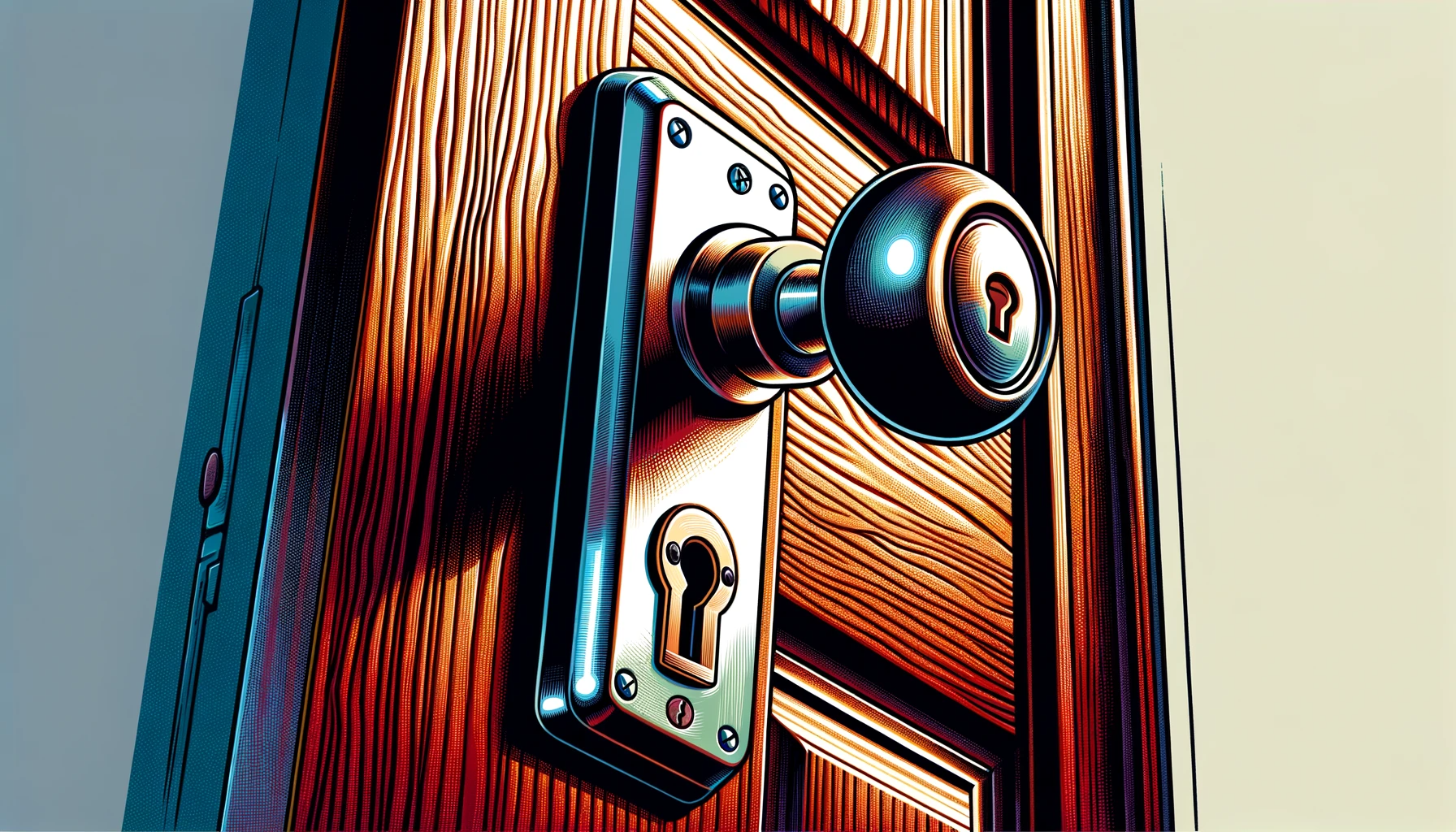 A detailed illustration of a simple door knob and deadbolt on a wooden door. The door knob is metallic