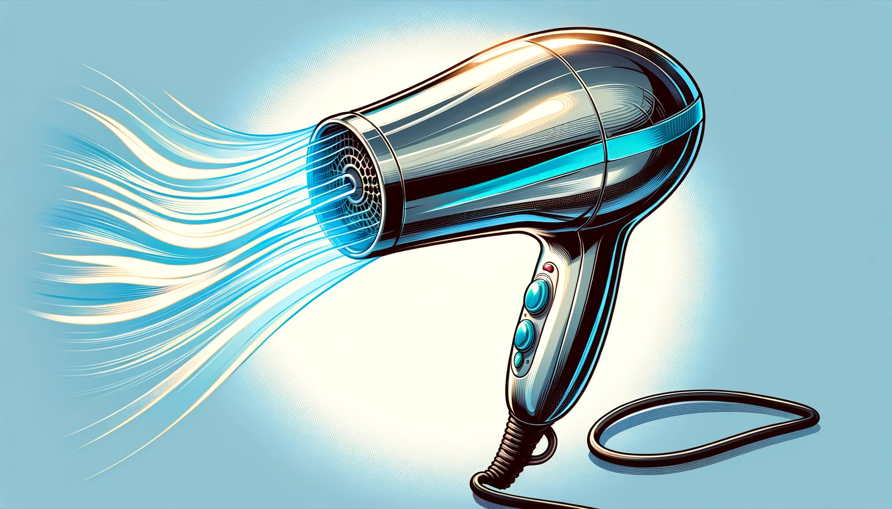 A digital illustration of a hair dryer. The hair dryer is sleek, modern, with a shiny metallic surface and bright blue accents. It is actively blowing warm air