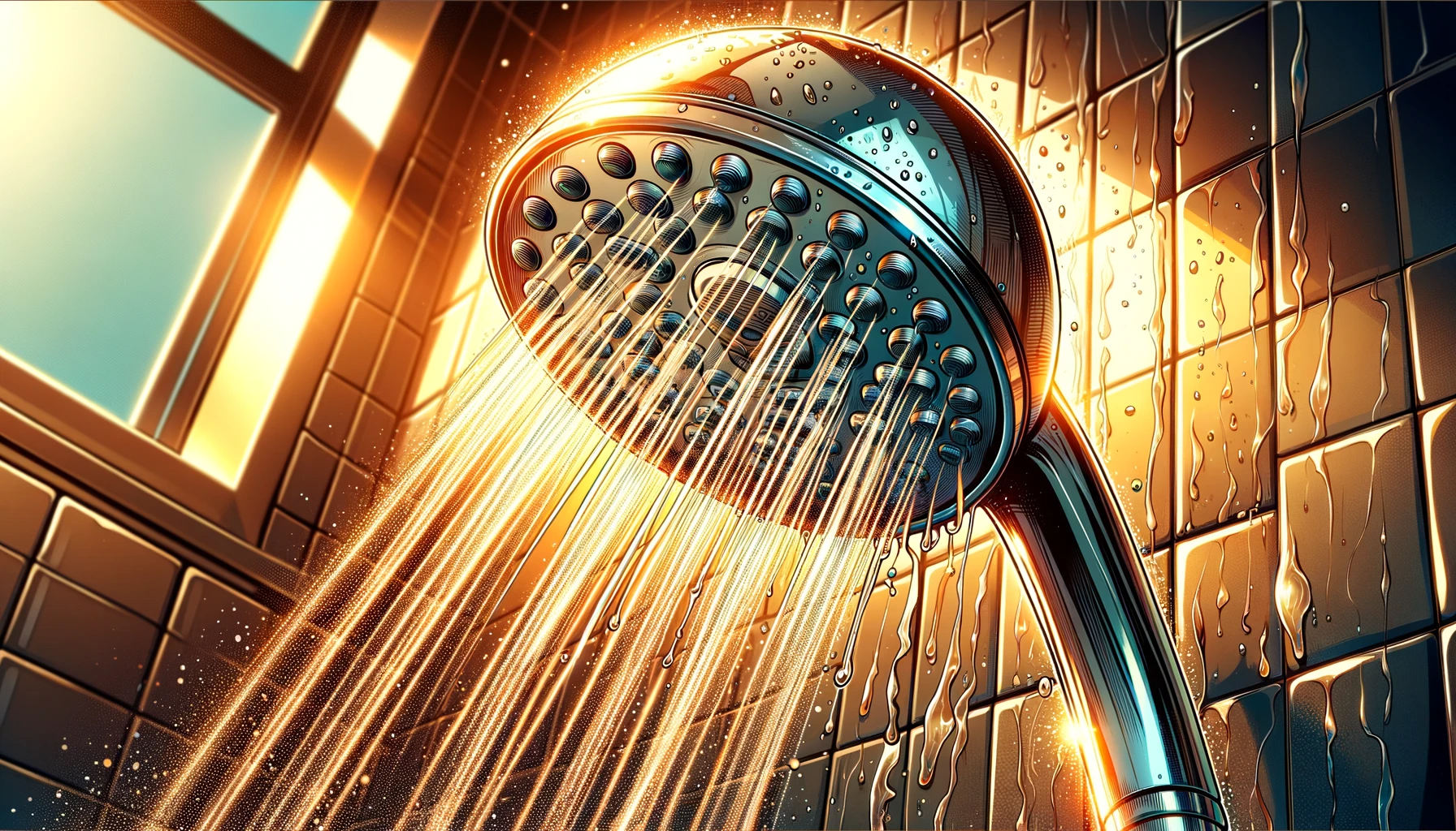 A digital illustration of a shower head in a bathroom, with water spraying out. The shower head is sleek, metallic, with water droplets glistening4