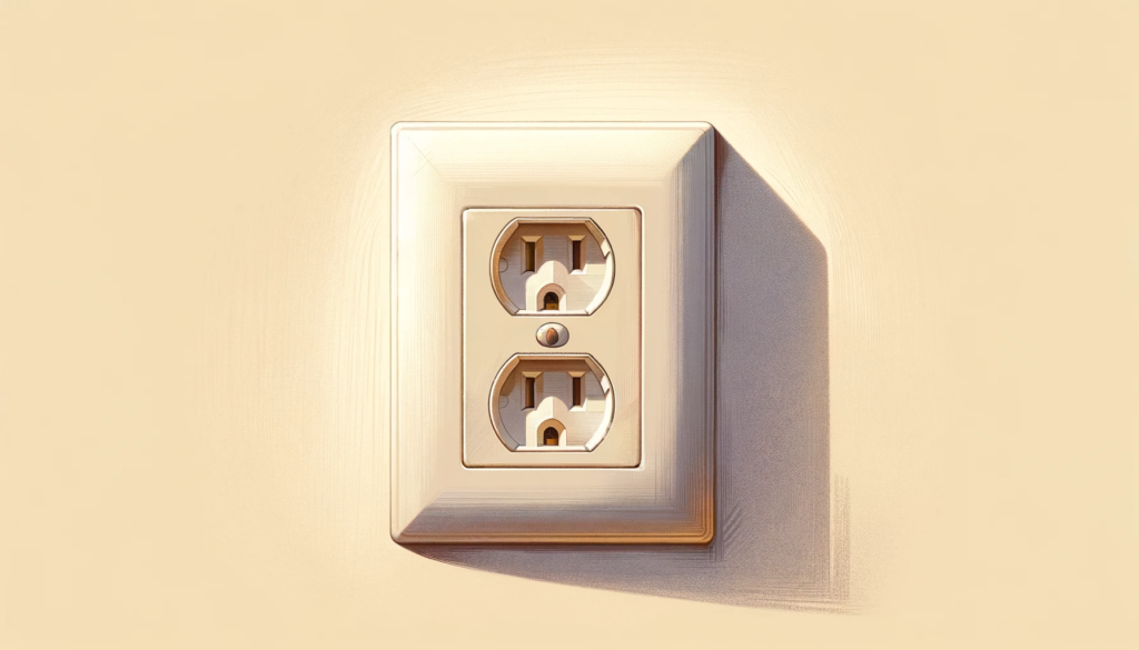 A digital illustration of a wall outlet in a home. The outlet, with two vertical sockets and a third ground socket, is placed slightly off-center