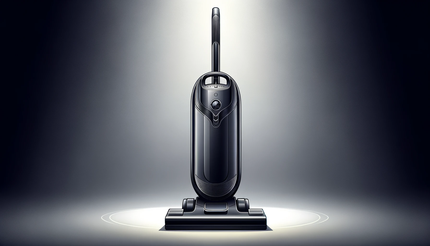 A minimalist digital illustration of a standup vacuum cleaner, sleek and modern in design, predominantly black with silver accents.