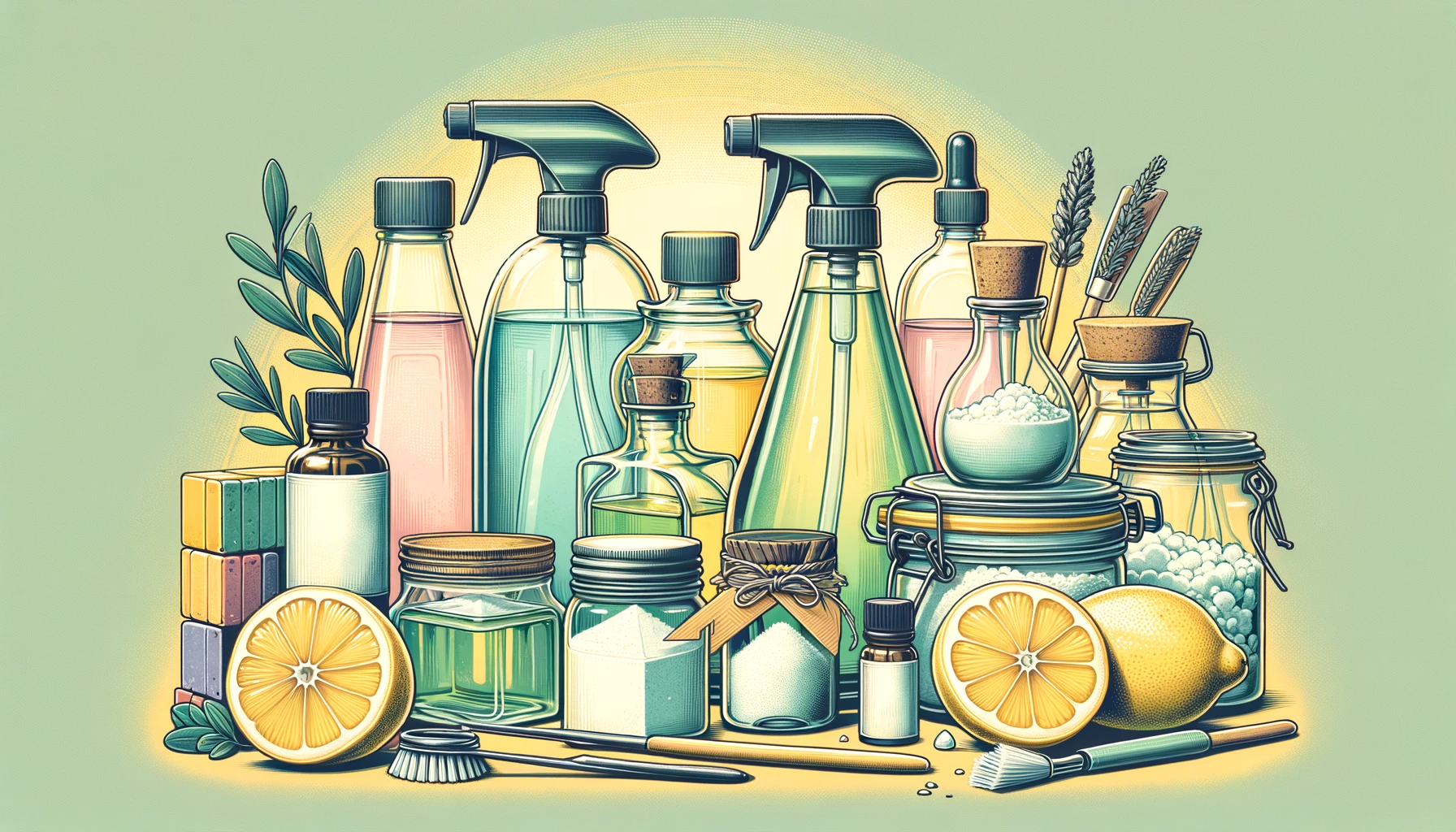 An illustration of homemade cleaning products, featuring items like glass spray bottles, jars of baking soda, and lemon slices