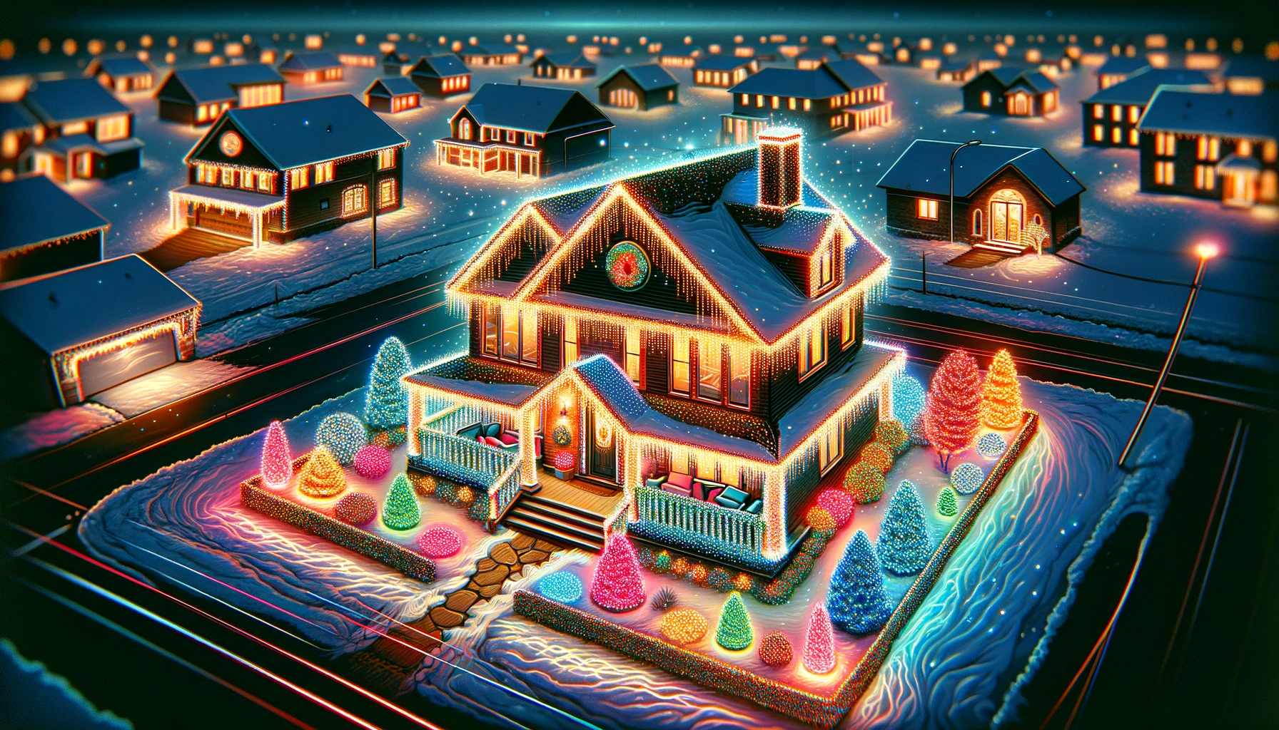 A digital illustration of a house and yard decorated with glistening Christmas lights, viewed from a zoomed-out drone perspective. The house is a cozy