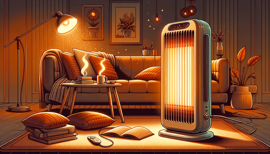 A digital illustration of a space heater, sleek and modern in design, emitting a warm orange glow, situated in a cozy living room with plush furniture