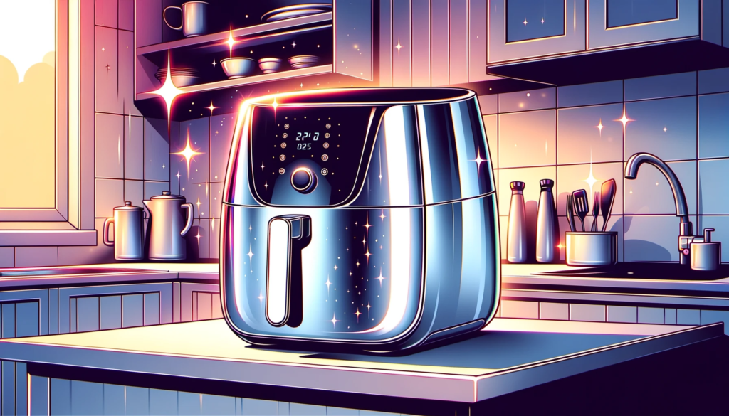 illustration of an air fryer on a kitchen counter glistening after being cleaned