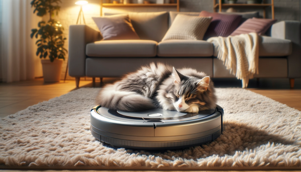 photo of a cat sleeping on top of a Roomba vacuum, on top of a carpet