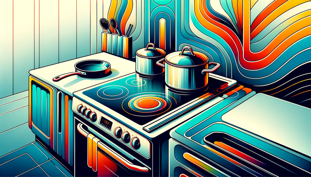 An illustration depicting a modern, sleek kitchen with a prominent stove featuring a glossy ceramic cooktop. The stove is adorned with pots and a pan, set against a futuristic, high-tech background characterized by clean lines and a minimalistic design. The image uses vibrant colors and displays a blend of realistic and fantastical elements, including unusual lighting and shadows, creating a dynamic and visually appealing scene.