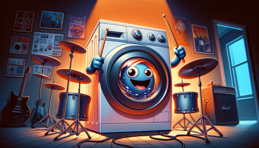 illustration of an anthropomorphic washing machine playing drums loudly, symbolizing the need for soundproofing home appliances