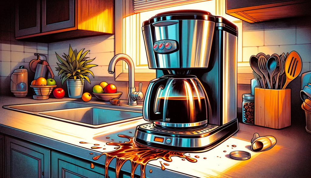 An illustration of a leaking coffee maker with on a kitchen counter. The style is dynamic and detailed, capturing the essence of Fiona Staples' artistry, known for her vibrant and expressive comic book illustrations. The coffee maker, sleek and modern, sits prominently on the counter. A small puddle of coffee forms beneath it, indicating the leak. The kitchen setting is cozy and well-lit, with common kitchen items like a fruit bowl, a jar of utensils, and a few decorative plants adding to the ambiance. The color palette is warm and inviting, with emphasis on the contrast between the sleek coffee maker and the domestic, homely environment.