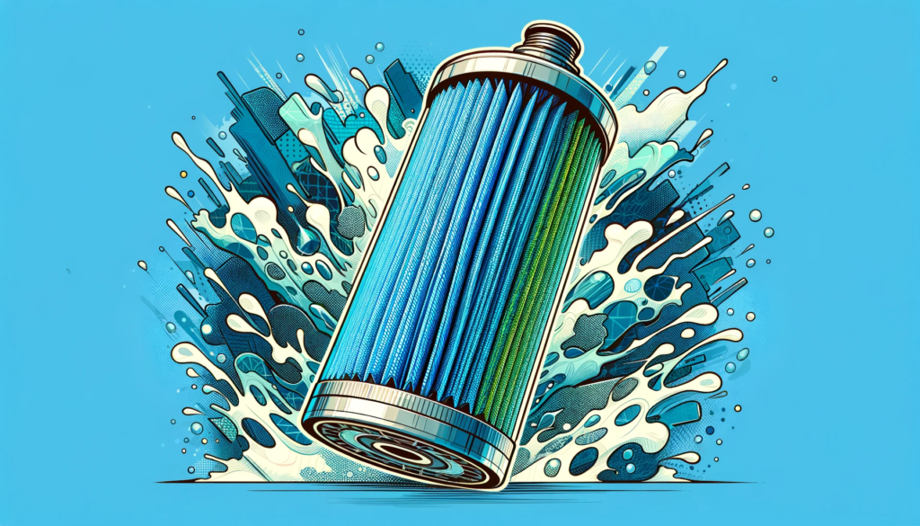 The image depicts a cylindrical refrigerator water filter in a style inspired by vibrant, modern comic art. The water filter, positioned centrally in the composition, is illustrated with expressive lines and bold colors. It's cylindrical in shape, with a smooth, metallic appearance that suggests a solid, durable construction.