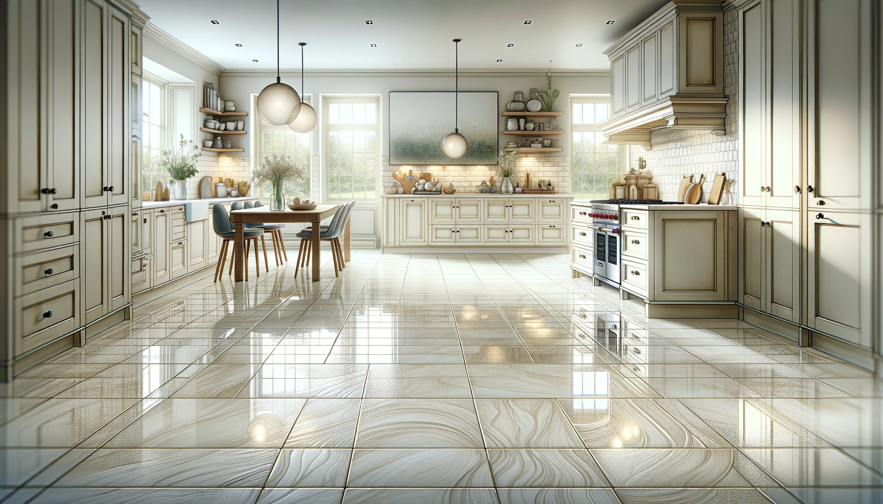 Digital illustration of beautiful off-white porcelain tile flooring in a kitchen. The tiles have a glossy finish with subtle textures.