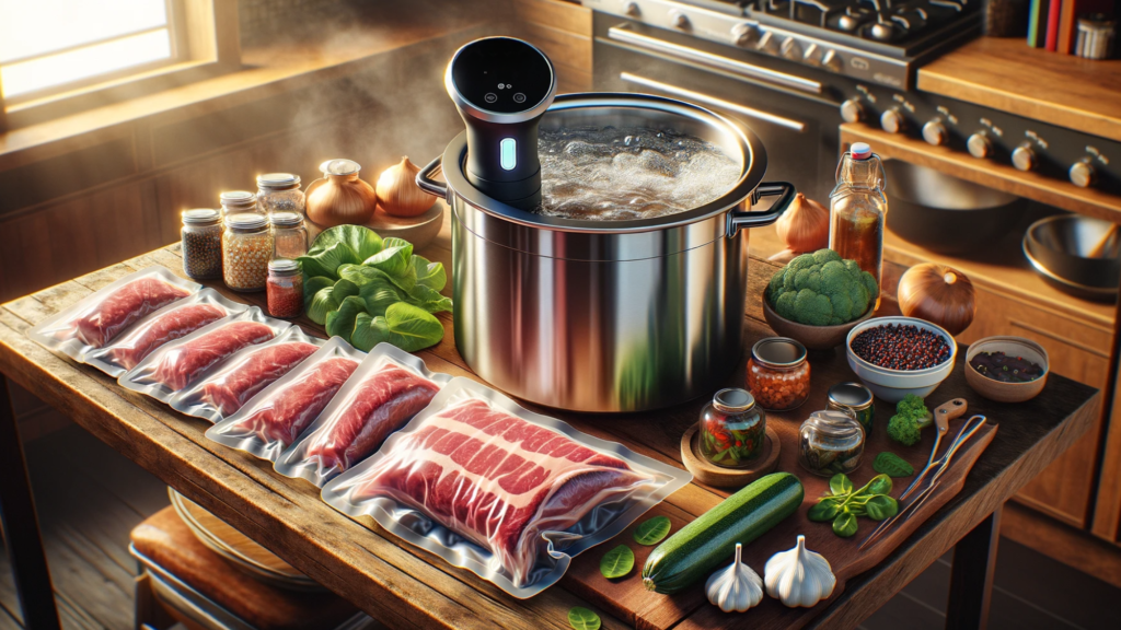 Sous Vide Cooking with several vacuum packed meats on a table 