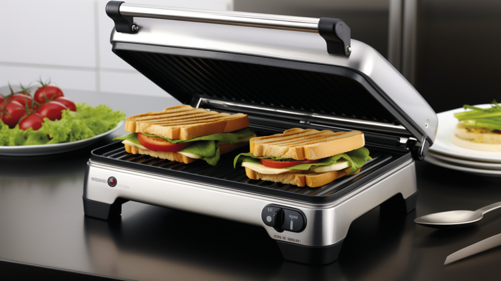 The image features a modern sandwich grill with two sandwiches inside. The grill is sleek with a stainless steel exterior and is currently in the open position. On the sandwiches, visible ingredients include lettuce, tomato, and cheese, placed between slices of golden-brown toasted bread with grill marks. In the background, there's a salad consisting of lettuce and cherry tomatoes on a dark plate and another plate with what appears to be a quesadilla. The countertop is reflective, and kitchen utensils like a spoon and a knife rest beside the grill.