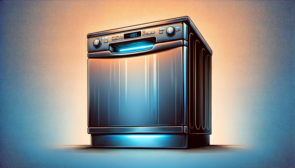 digital illustration of a modern, sleek dishwasher, featuring a shiny silver finish. Header for dishwasher installation