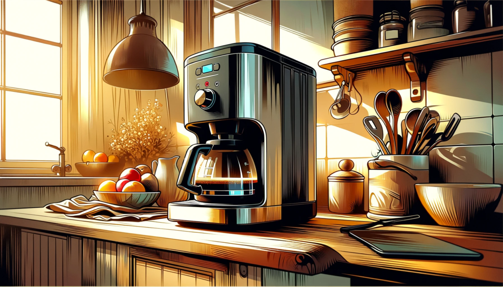 illustration of a coffee maker brewing coffee including subtle hints of warm steam, in the art style of Fiona Staples, 16:9 aspect ratio