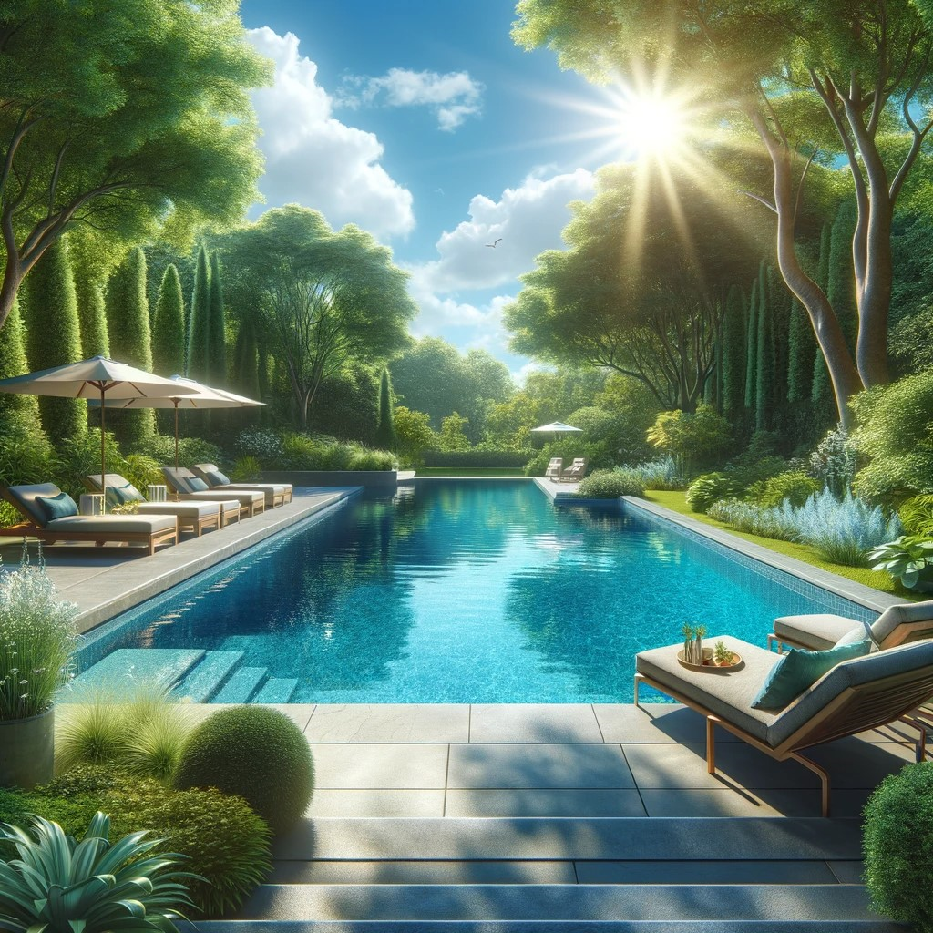 Digital illustration of an outside swimming pool area. It is a sunny day and the sun is shining