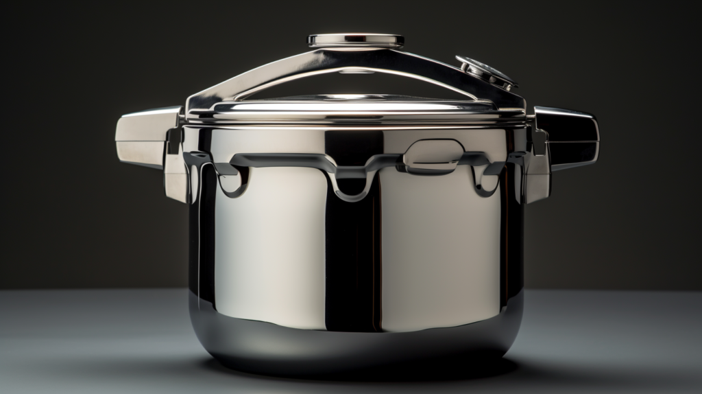 Photo of a stainless steel pressure cooker on a black and gray background