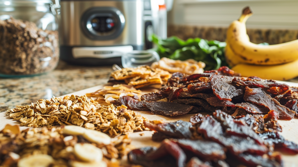 dehydrated food items in front of a food dehydrator