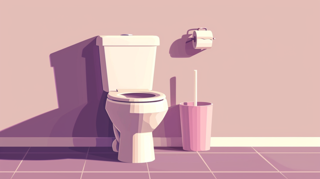 minimalistic illustration of a bathroom scene, with a focus on a toilet and bidet. The toilet is of a standard design, with the seat cover down, and it is accompanied by a toilet brush holder to its right, which matches the toilet in color. A toilet paper holder is mounted on the wall to the left of the toilet, with a roll of toilet paper hanging from it. The color scheme is soft and monochromatic, featuring pastel shades of purple and pink, which give the illustration a calm and clean aesthetic. The lighting suggests a calm, indoor setting, with shadows gently cast to the right, indicating a light source from the left. The floor is tiled, hinting at a typical bathroom flooring. 