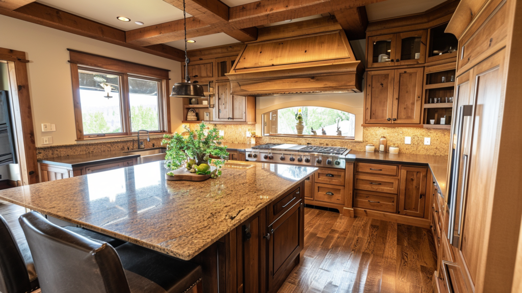 A wooden customer range hood in a modern kitchen. It is a wide angle shot