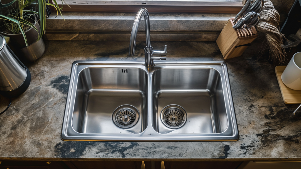 The photo shows a top-down view of a modern kitchen sink setup with a clogged garbage disposal. The sink is a dual basin design made of stainless steel with a high-shine finish, featuring two separate compartments for washing and rinsing dishes. In the center, there is a sleek, metallic faucet with a single handle that appears to have a pull-down spray head. The countertops are a dark, marbled pattern, giving off a chic and stylish vibe. To the left of the sink, there's a potted plant in a metal container, adding a touch of greenery to the scene. On the right, there is a knife block with several knives, a canister possibly for utensils, and a cutting board, suggesting that this area is used frequently for meal preparation. 