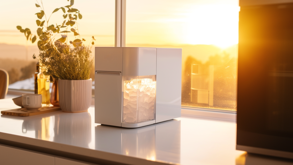 A white icemaker sitting on a countertop