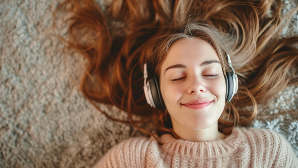 a young woman laying on a carpeted floor listening to wireless headphones