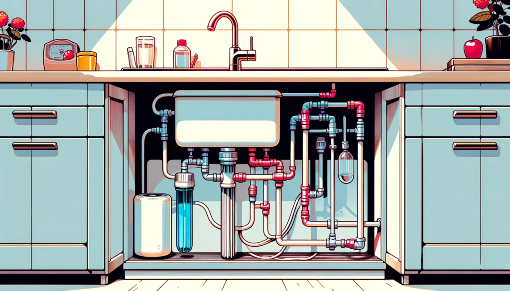 
The image shows a simplified under-sink water filter system in a stylized, vibrant manner. It features basic components like pipes and a filtration unit, set against a minimalistic background that suggests an under-sink area. The illustration is characterized by bold colors and clear lines, capturing an artistic yet straightforward depiction of the water filter system.