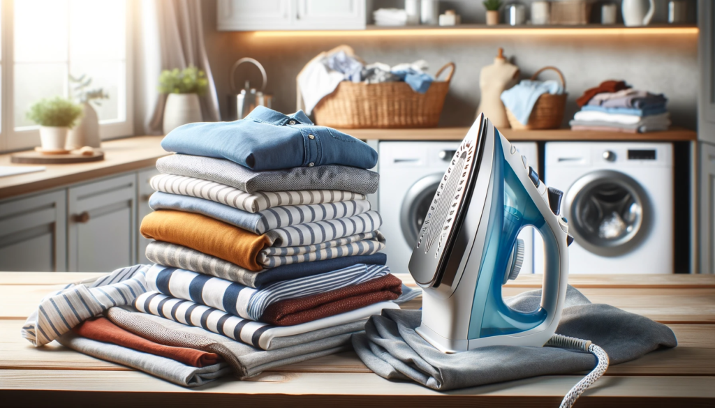 a non-heating iron sitting beside a pile of folded laundry