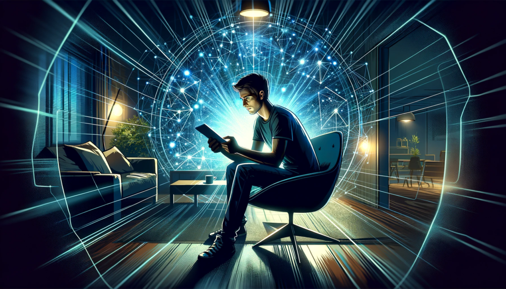 Illustration of a young man diagnosing a wireless connection with a network glow in the background