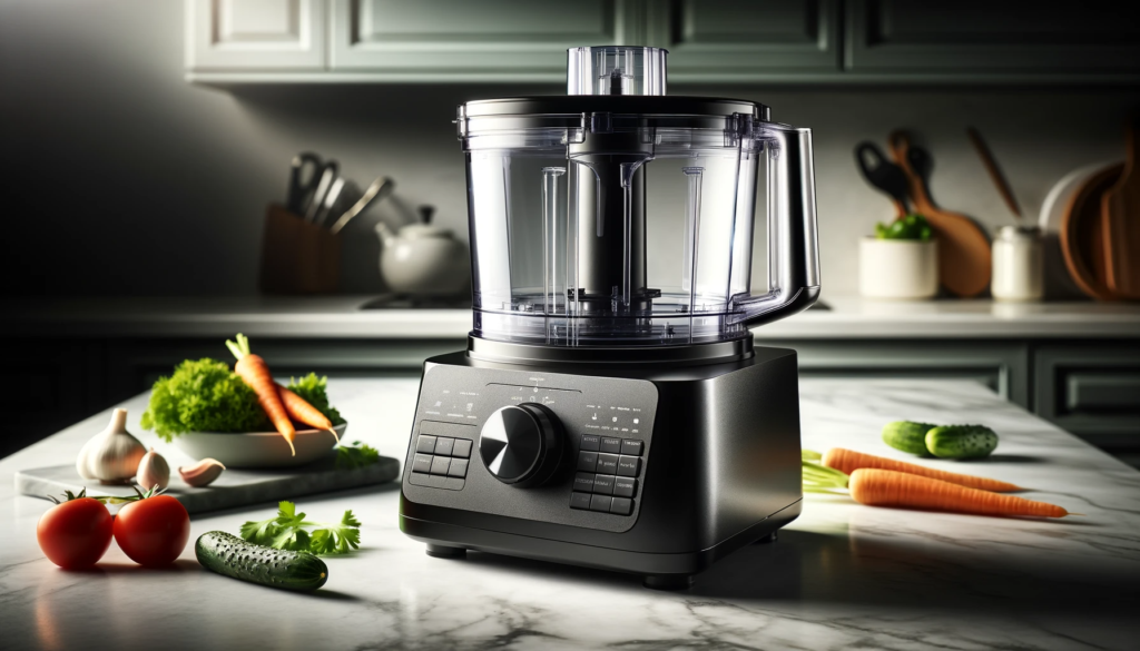 image of a black food processor on a kitchen counter