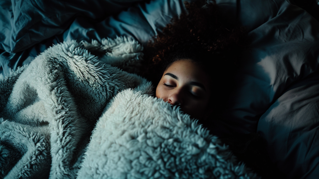 A woman snuggling under an electric blanket