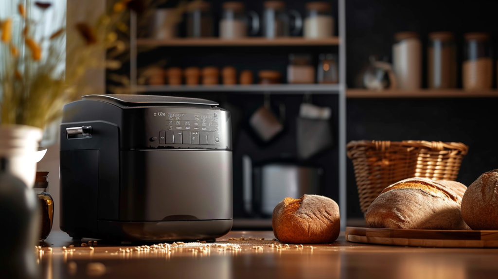 photo of a bread machine in a kitchen with bread loaves around it