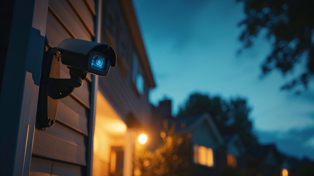 photo of a home surveillance system installed on a house at dusk
