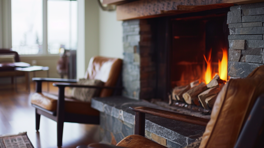 Documentary photo of a modern fireplace mantle