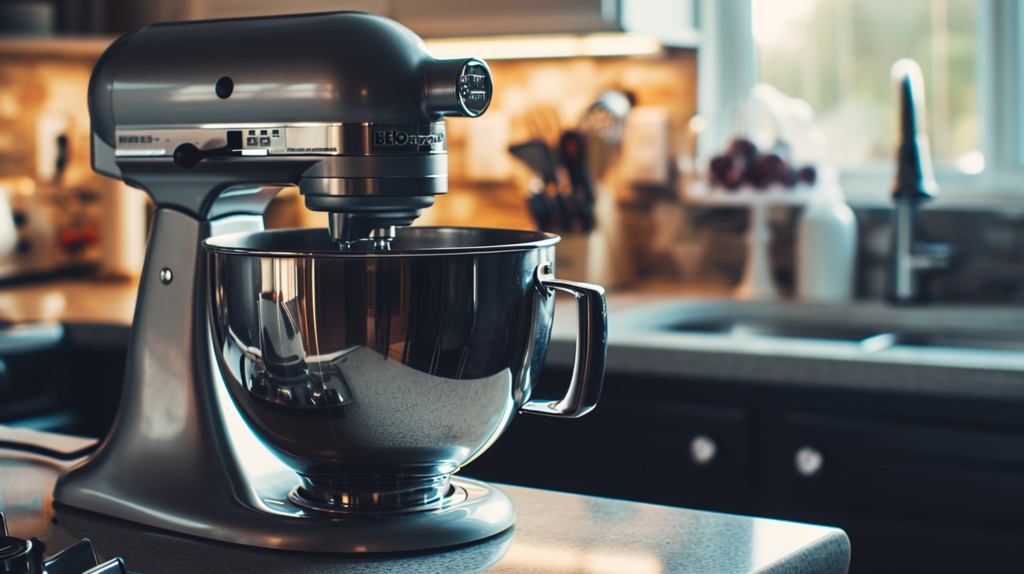 a stainless steel stand mixer on a counter after being cleaned