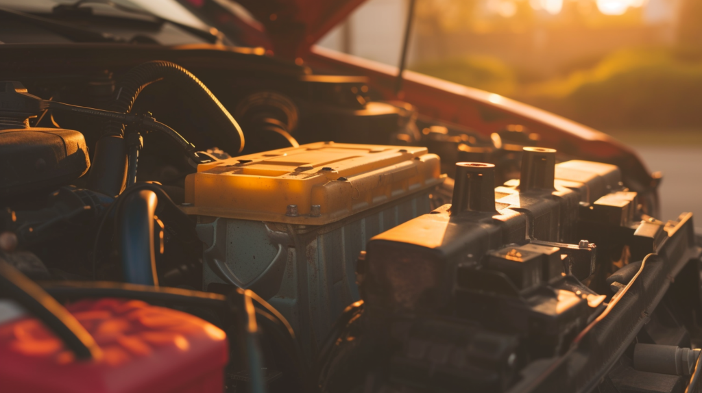 Close up of a car battery inside of a car