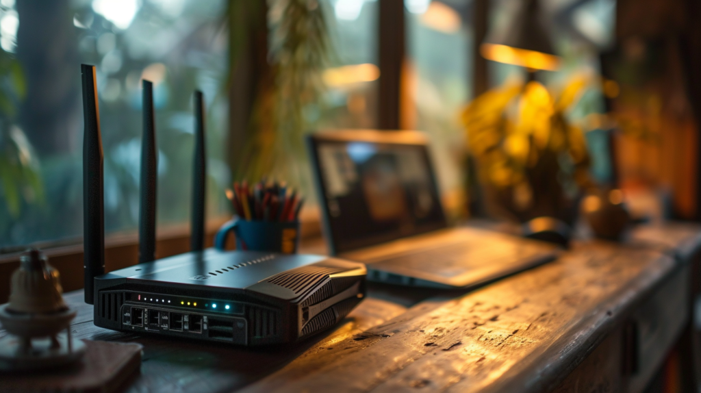 a wireless router set up on a computer desk