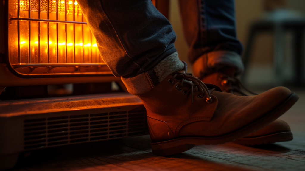 Boots in front of an electric heater