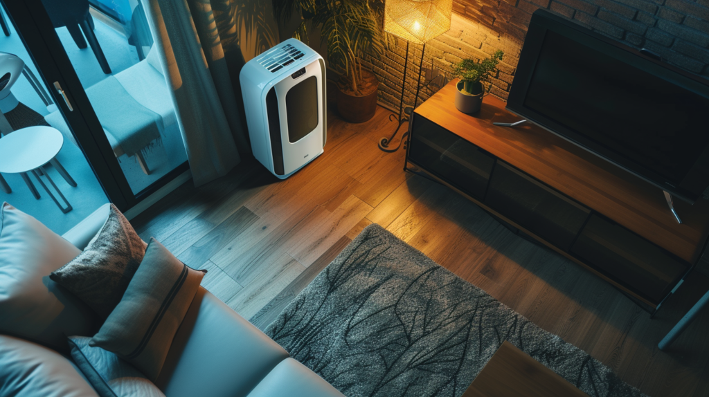 portable AC unit installed in the corner of a room