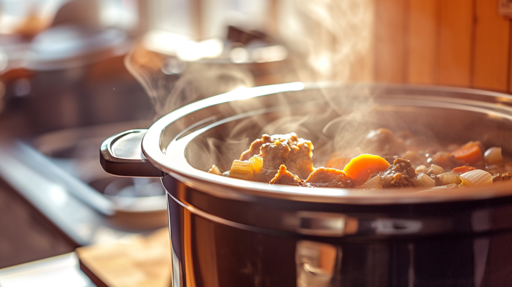 Photo of a slow cooker cooking a simmering stew