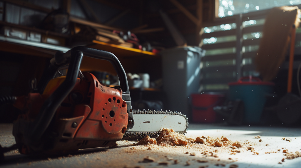 Photo of an orange electric chainsaw in a garage. 