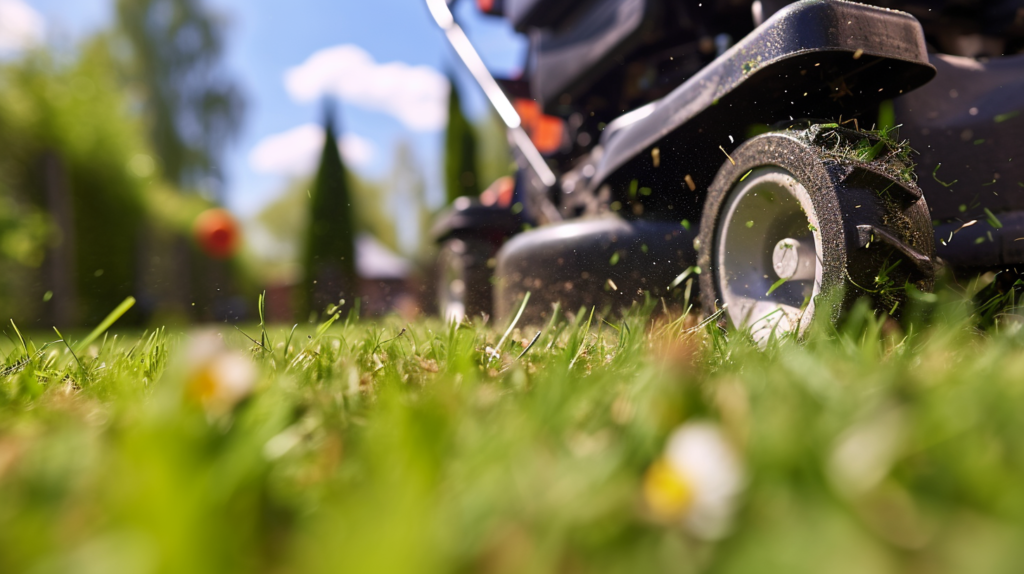 Close up photo of lawn mower blades cutting grass