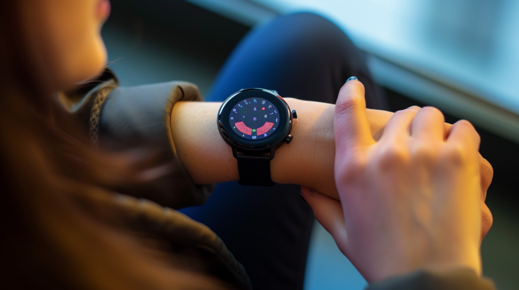 photo of a woman checking their smartwatch battery life