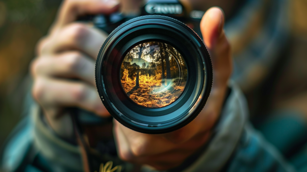 close up of a camera lens with a blurred background of the photographer in it